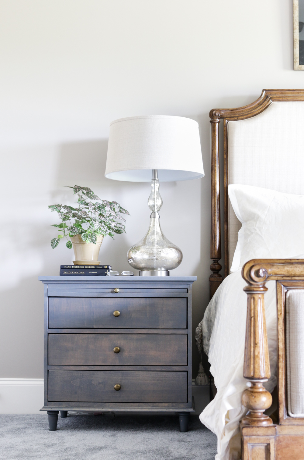 Nightstand with Pull-Out Writing Tray and Charging Station 