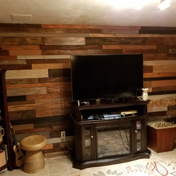 Reclaimed wood bar and pallet wall basement renovation RYOBI Nation